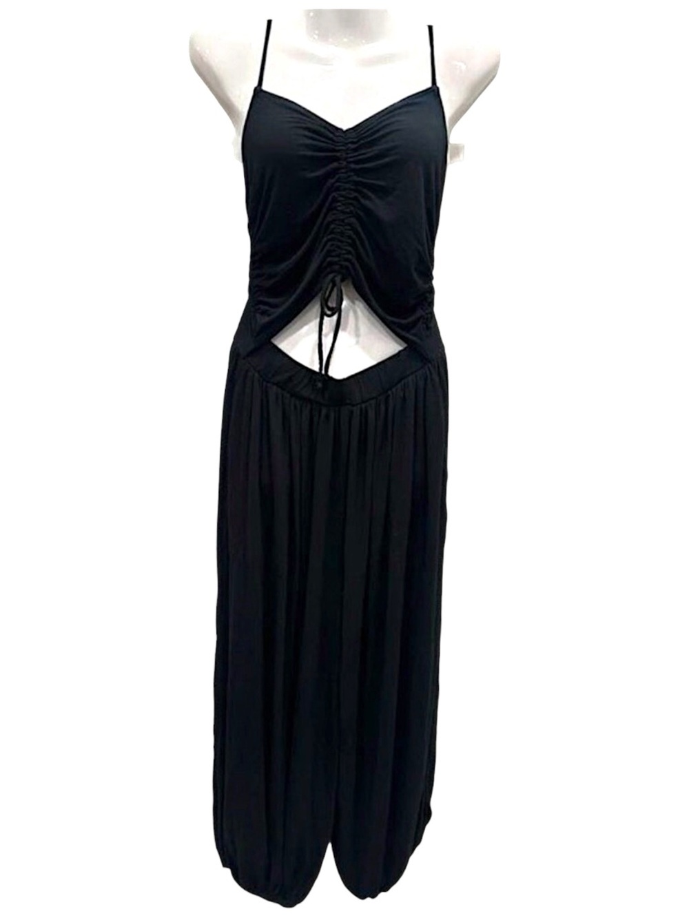 Free People Beach Black Jumpsuit Small Balloon Leg Cutout Strappy Stretch Loose